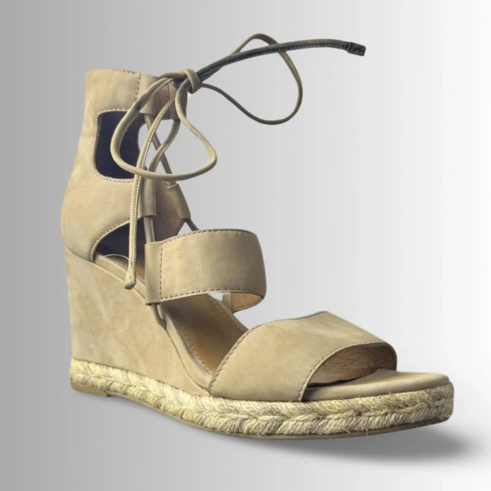 Frye Roberta Ghillie Espadrille Platform Wedge Nubuck Leather, Nude Color, Sz 9 - Picture 2 of 7